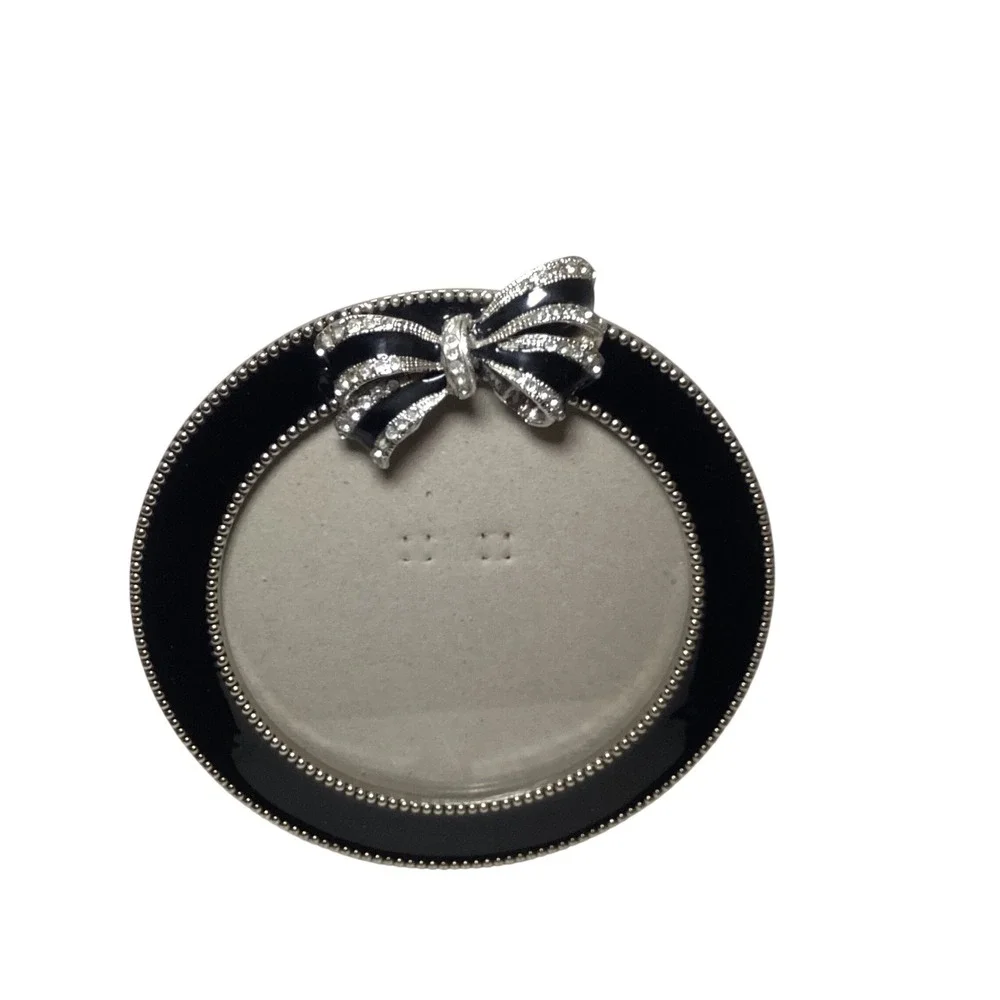Round Black Enamel Picture Frame with Rhinestone Bow Accent Silver Beaded Trim